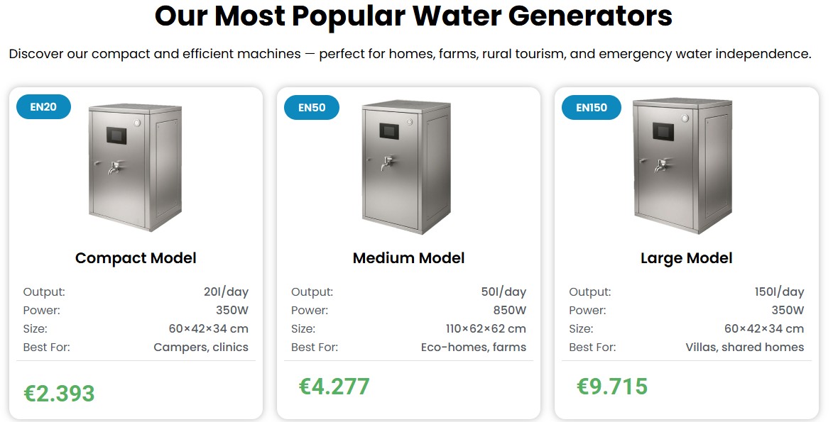 Generadores de agua atmosférica Fusion TecWater FTW-20, FTW-50 y FTW-150